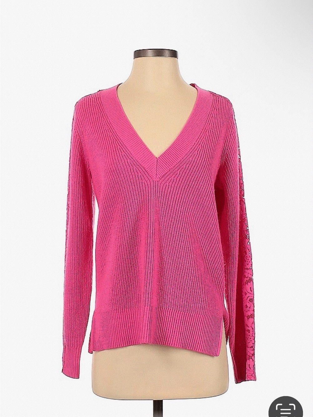Saylor Antoinette Lace Detail V-Neck Sweater – Hot Pink